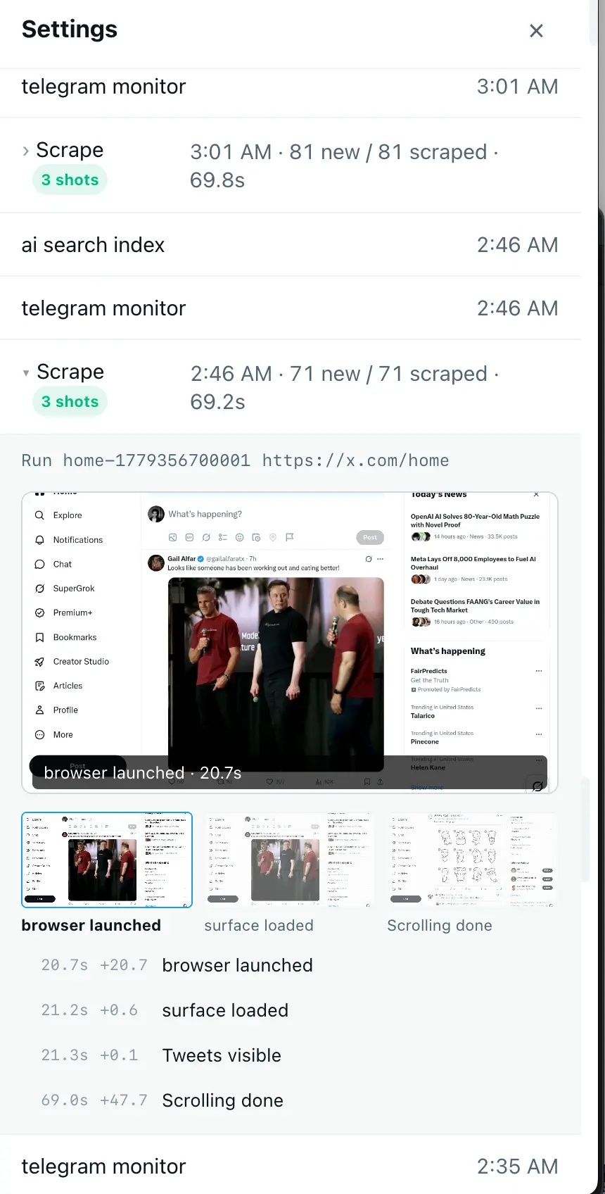Live scrape log inside the Settings panel — one run logged 81 new tweets in 69.8s, with browser-launched / surface-loaded / Tweets-visible / Scrolling-done timestamps