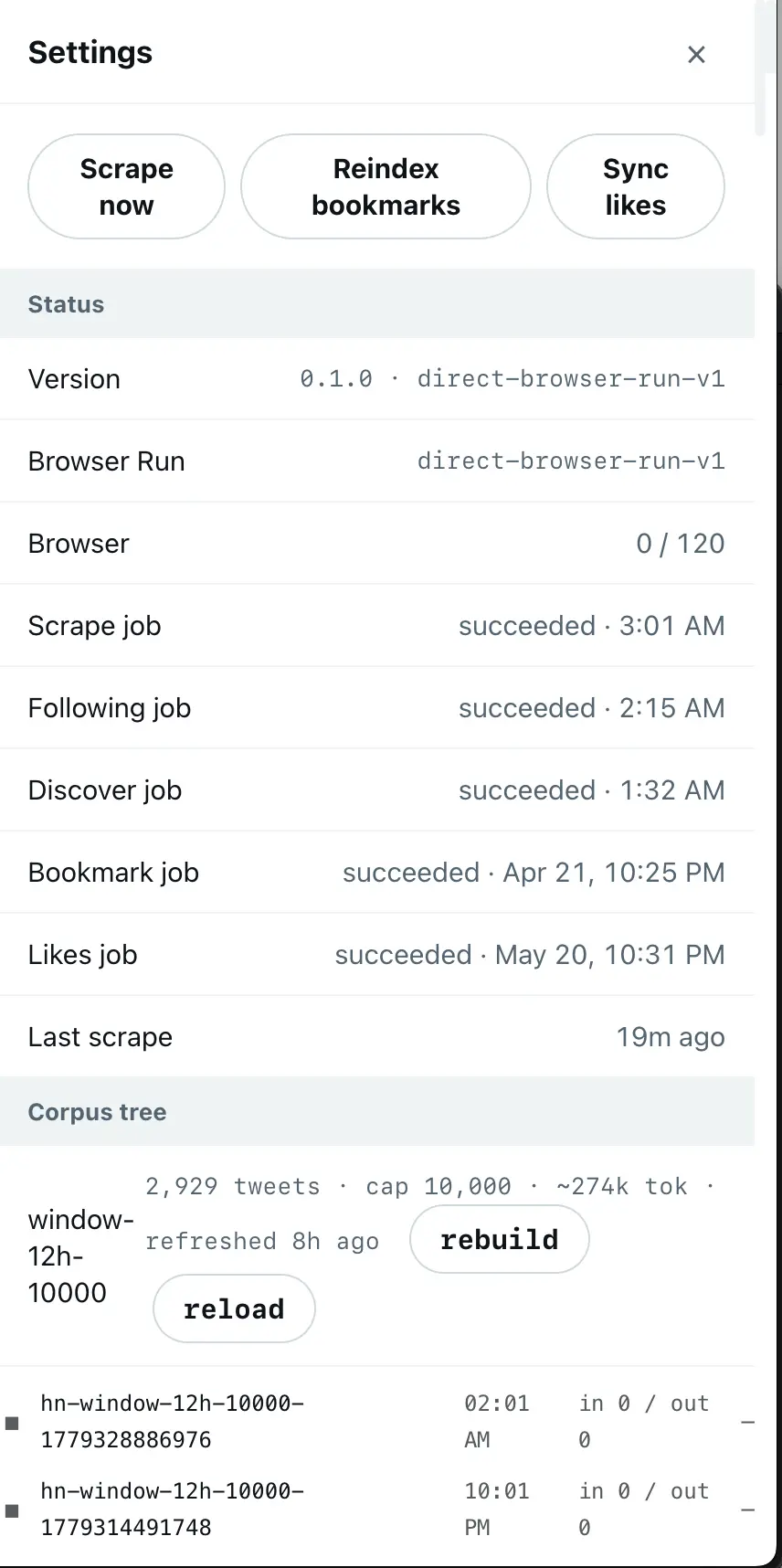 Settings status panel — Browser run 0/120, scrape / following / discover / bookmark / likes jobs all succeeded, corpus tree window-12h-10000 showing 2,929 tweets · cap 10,000 · ~274k tok