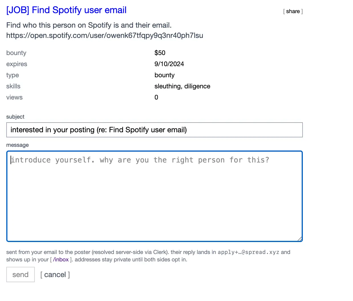 Reply form on a $50 bounty listing, showing the single-blind footnote: addresses stay private until both sides opt in
