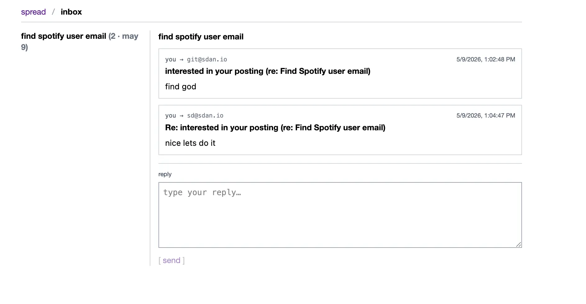 Spread /inbox view — a thread between two real addresses, proxied through apply+<listingId>@spread.xyz