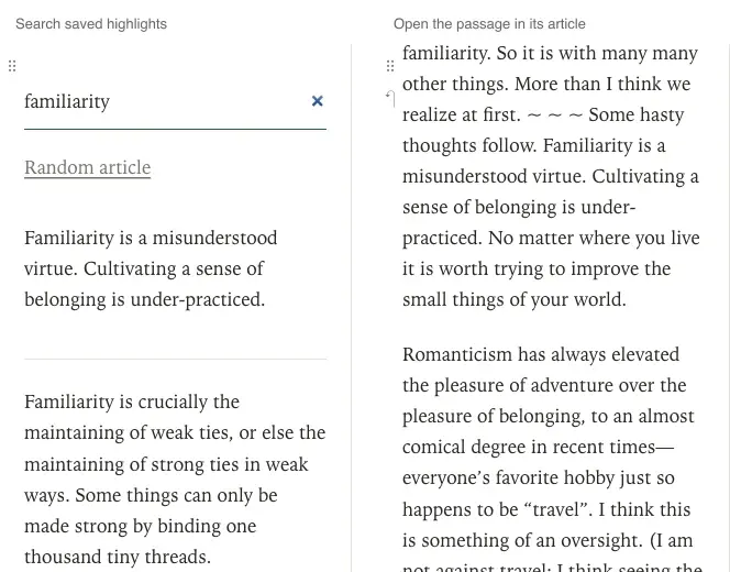 Two captures: searching saved highlights for familiarity, then opening the passage in its article