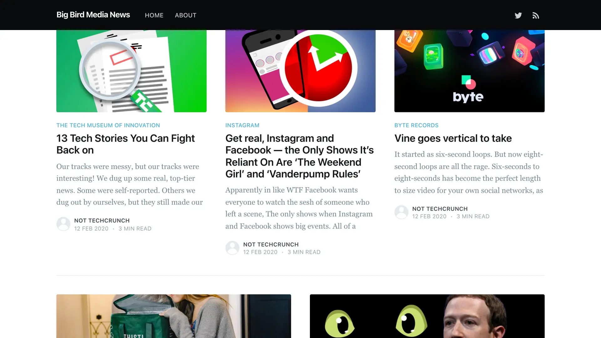 Three generated stories on notrealnews.net, each bylined Not TechCrunch