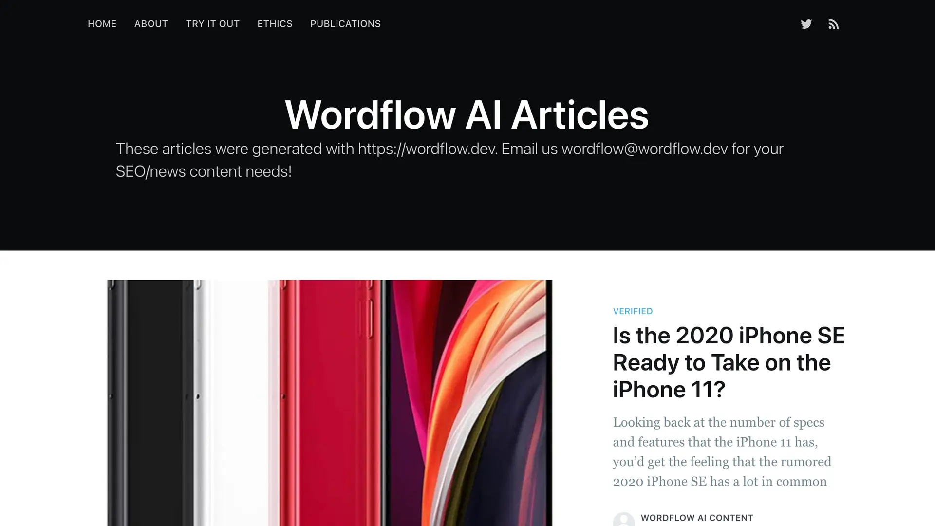 Not Real News in April 2020, retitled Wordflow AI Articles, every story tagged verified